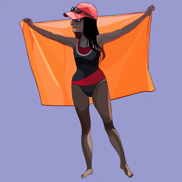 cartoon girl in a bathing suit holding an orange flag behind his back