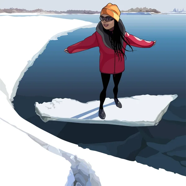 Dessin animé fille heureuse sur la glace qui flotte sur la rivière — Image vectorielle