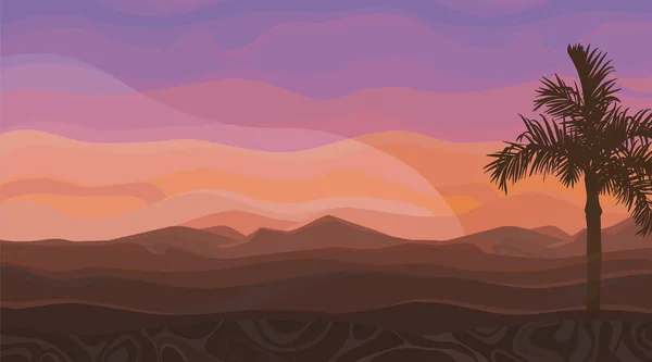 Paisaje desértico pintado al atardecer con palmera — Vector de stock