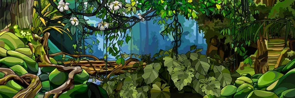 Jungle achtergrond met weelderige tropische planten en bomen — Stockvector