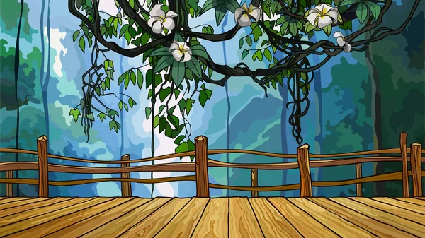 Γελοιογραφία γέφυρα στο φόντο των πυκνή ζούγκλα με κλαδιά αμπελιών — Διανυσματικό Αρχείο