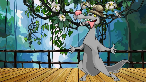 Lupo dei cartoni animati in un cappello cammina lungo un ponte di legno nella giungla — Vettoriale Stock