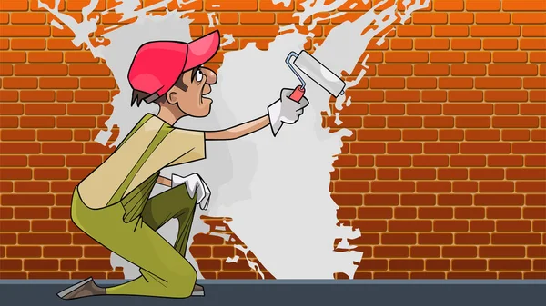 Estucador de desenhos animados pinta uma parede de tijolo com tinta branca — Vetor de Stock
