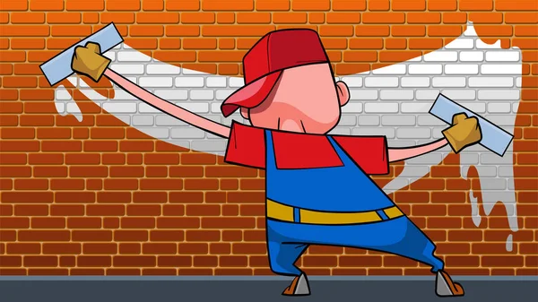 Uomo dei cartoni animati con due rulli divertenti dipinge il muro — Vettoriale Stock