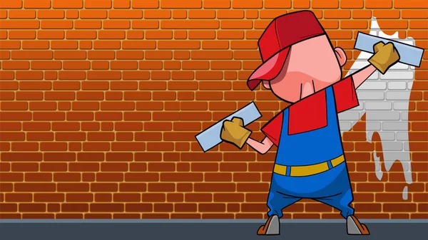 Homem dos desenhos animados com dois rolos pinta uma parede de tijolo — Vetor de Stock