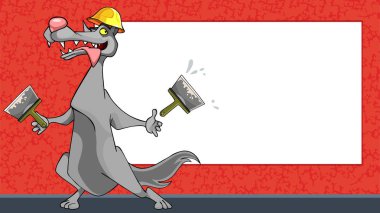 Boş bir reklam panosu arka planda spatulalar ile Karikatür komik kurt işçi