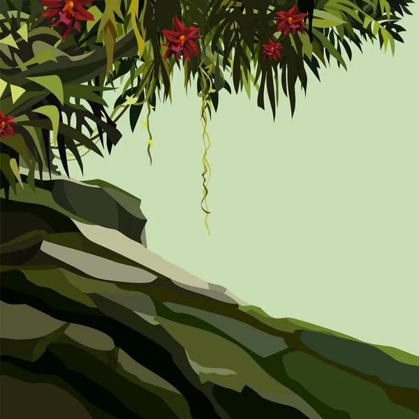 Sfondo con un pendio roccioso con piante tropicali — Vettoriale Stock