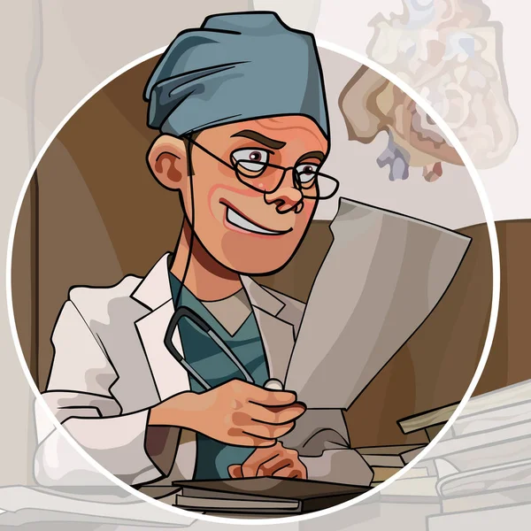 Dibujos animados médico masculino que trabaja en la oficina en el fondo de un círculo — Archivo Imágenes Vectoriales