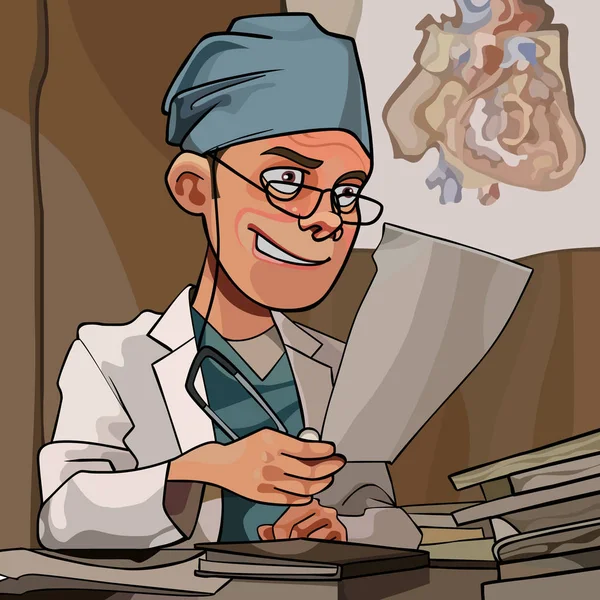 Cartoon man in Doctor kleren werken in zijn kantoor — Stockvector