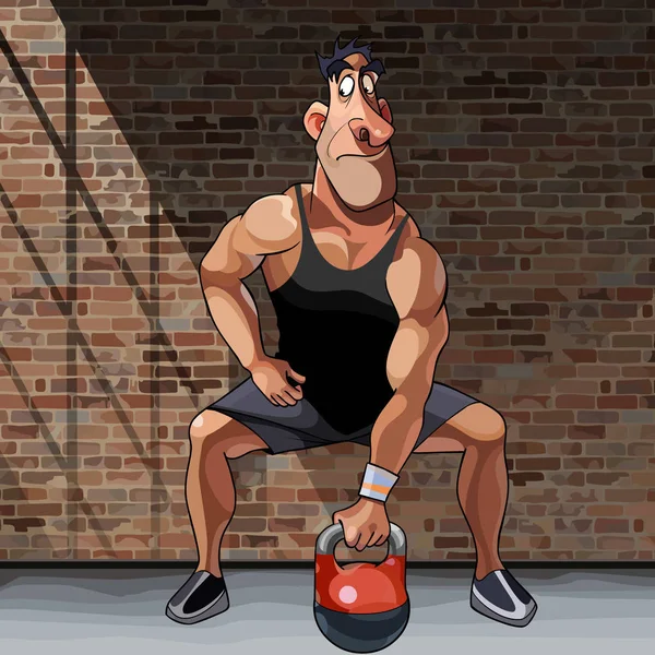 Dessin animé athlète masculin faisant de l'exercice avec kettlebell — Image vectorielle