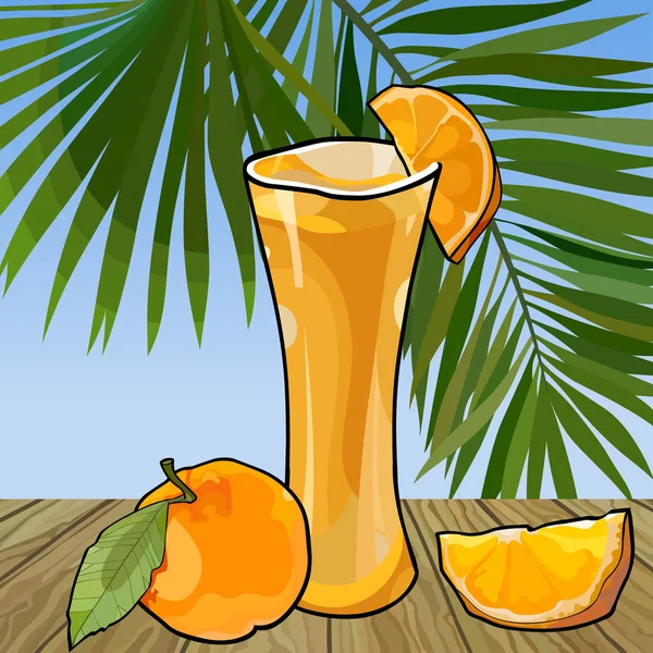 Vidro de desenho animado com suco de laranja e fatias de frutas —  Vetores de Stock