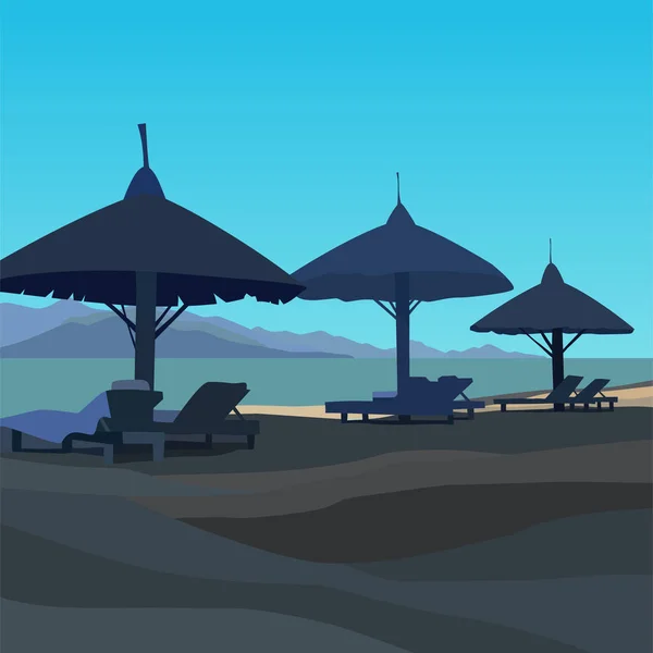 Намальований пляж з лежаками і парасольками в синіх кольорах — стоковий вектор