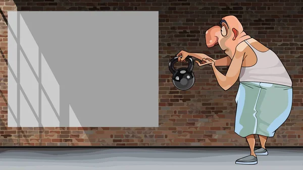 Dessin animé drôle homme montre une kettlebell et regarde un panneau d'affichage vierge — Image vectorielle