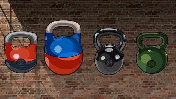 Cartoon veelkleurige gemengde Kettlebell op een bakstenen muur achtergrond — Stockvector