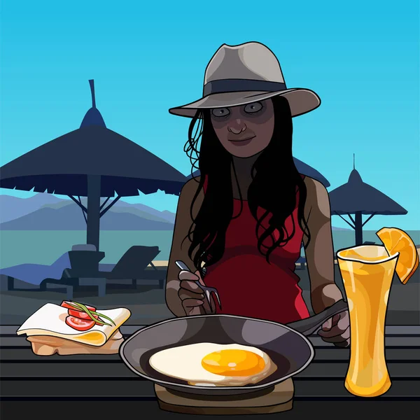 Мультяшна смішна жінка сидить за столом з їжею на пляжі — стоковий вектор