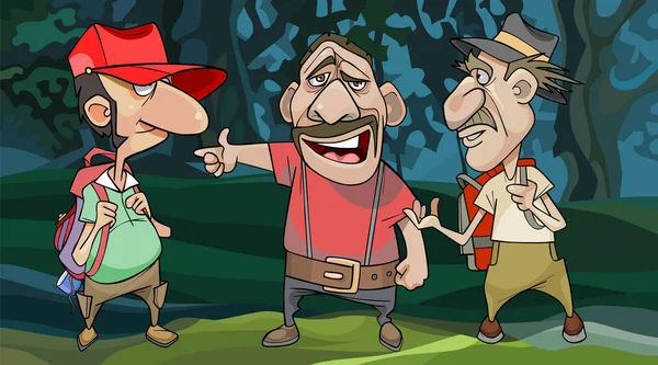 Cartoon mannelijke reizigers vragen een Local voor een weg in het bos — Stockvector