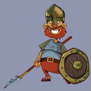 şövalye zırh karikatür neşeli adam mızrak ve kalkan tutar
