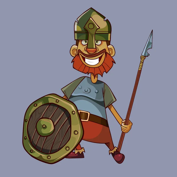 Cartoon vrolijke man in een ridders Armor met een speer en schild — Stockvector