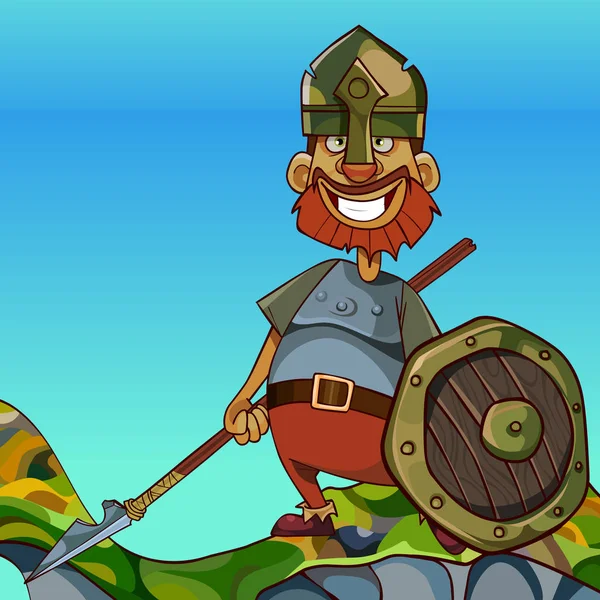Karikatúra férfi Knight Armor áll egy szikla a tenger — Stock Vector