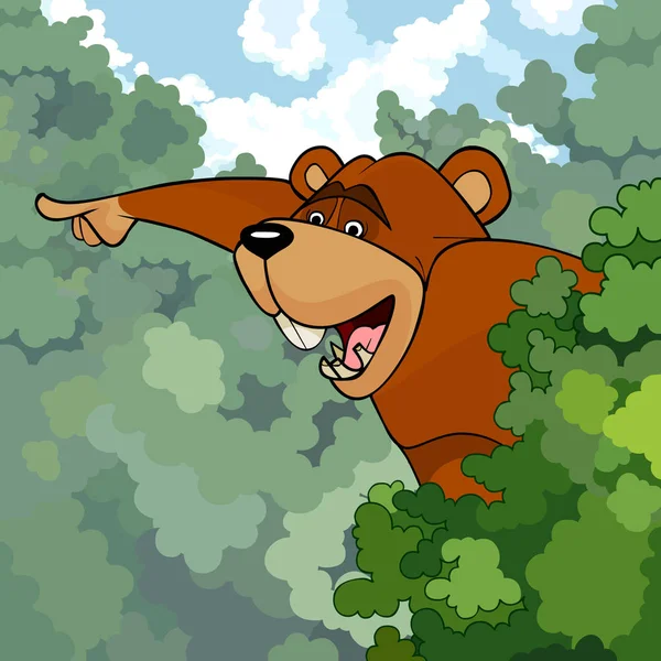 Urso dos desenhos animados mostra sua mão para o lado olhando para fora por trás de um arbusto —  Vetores de Stock