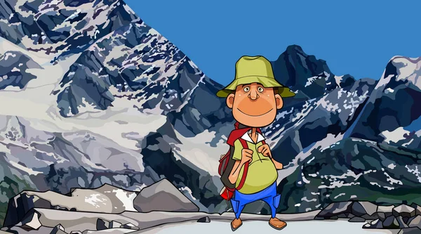 漫画の男性観光客は、雪の山のピークの背景に立っています — ストックベクタ