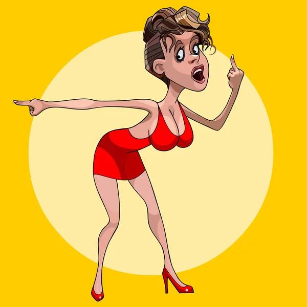 Cartoon sassy woman in red dress points her finger on a yellow background Stock Illustration