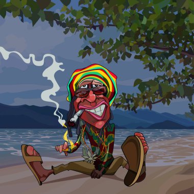 cartoon funny man rastaman sits by the sea and smokes clipart