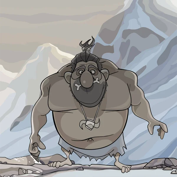Tecknad rolig frisk kille forntida man i snöiga berg — Stock vektor