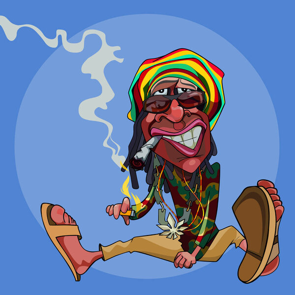 cartoon funny man rastaman sits on the floor and smokes