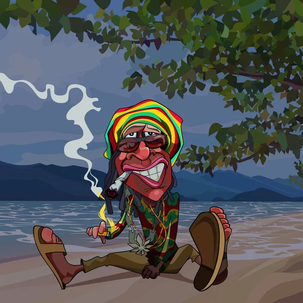 漫画面白い男ラスタマンは海のそばに座って煙 — ストックベクタ