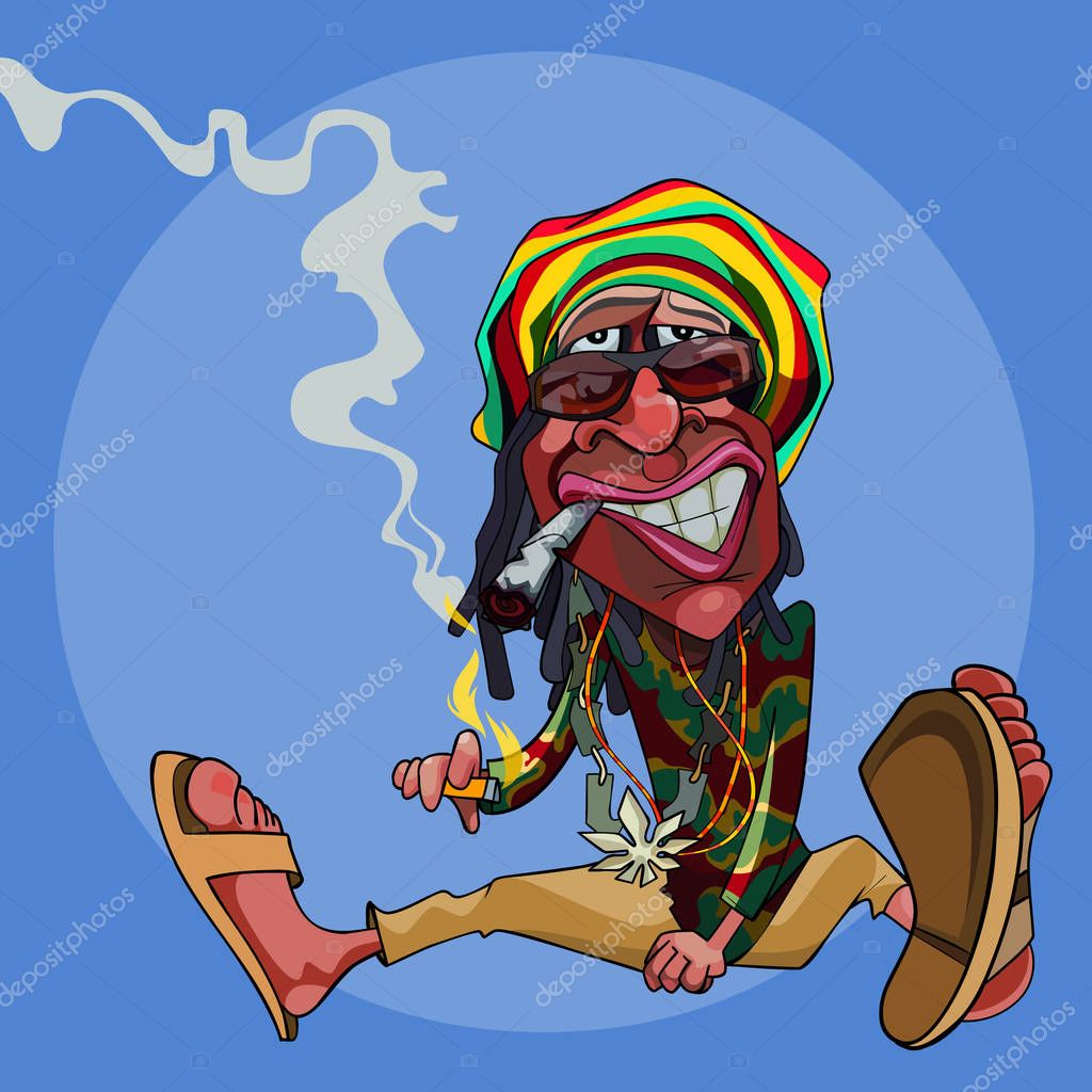 Cartoon funny man rastaman sits and smokes on the blue background