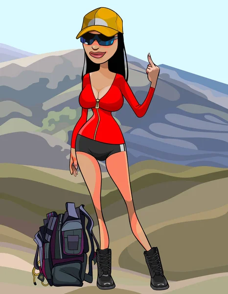 Cartoon girl traveler in the mountains shows a finger gesture — Stock Vector