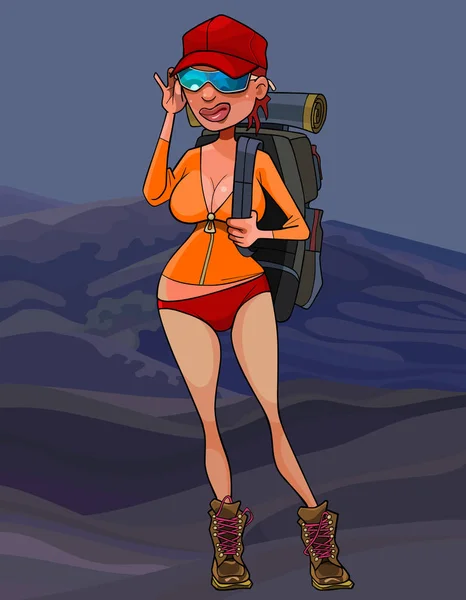 Turista mulher dos desenhos animados com uma mochila em um fundo de montanhas — Vetor de Stock