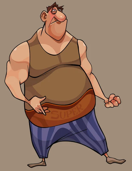 Hombre gordo muscular de dibujos animados con una cara descarada — Vector de stock