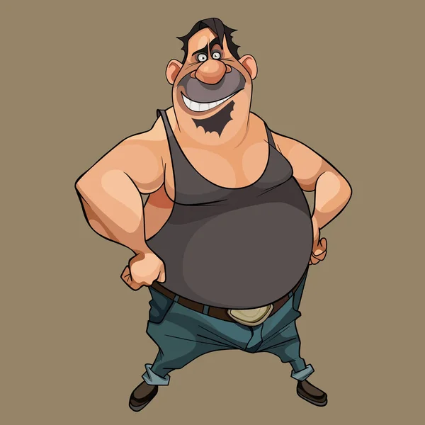 Personnage drôle de dessin animé souriant potbellied homme en jeans — Image vectorielle