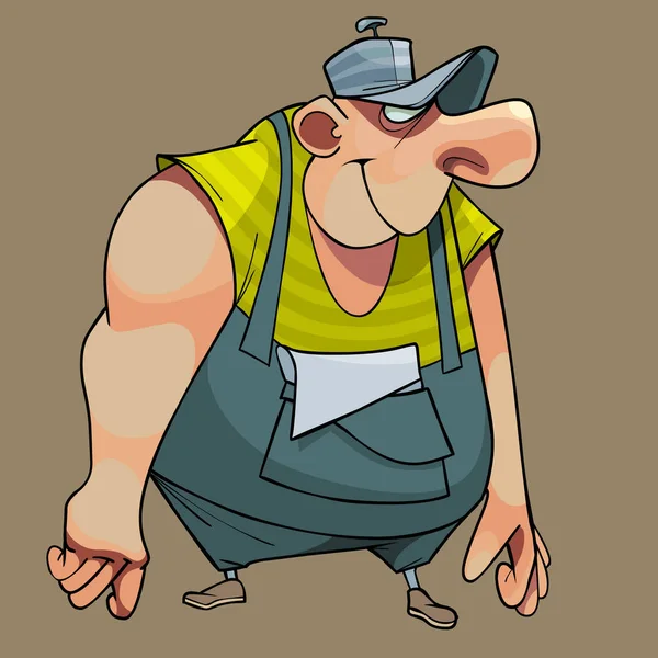 Dibujos animados personaje divertido hombre gordo en overoles de trabajo — Vector de stock