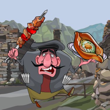 Kafkasya'da şaşlık ve khachapuri ile karikatür adam