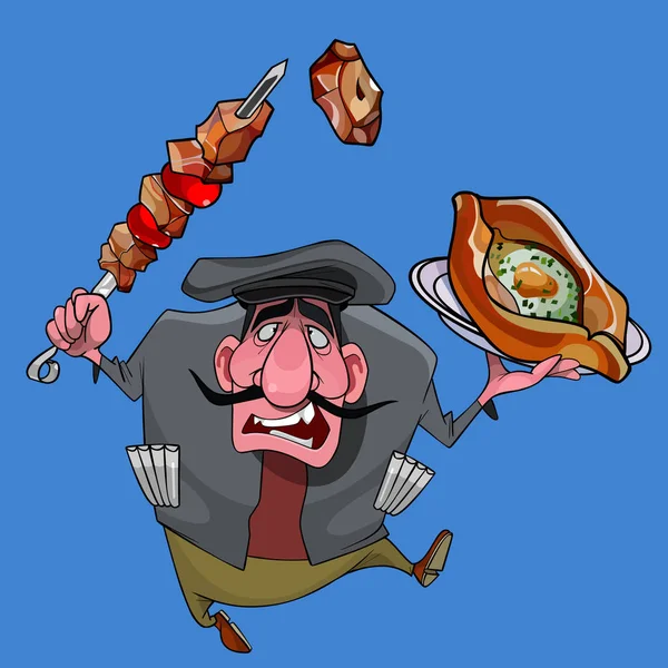 Cartone animato uomo caucasico con barbecue e khachapuri nelle sue mani — Vettoriale Stock
