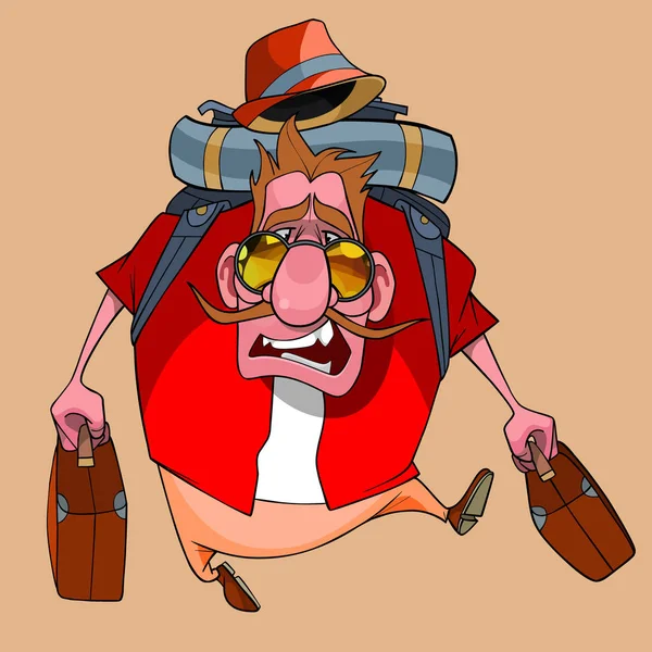 Kreslený zábavný muž chodí s kufry a batohu — Stockový vektor