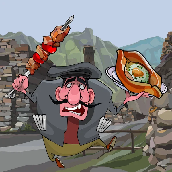 Cartoon homem com shashlik e khachapuri no Cáucaso —  Vetores de Stock