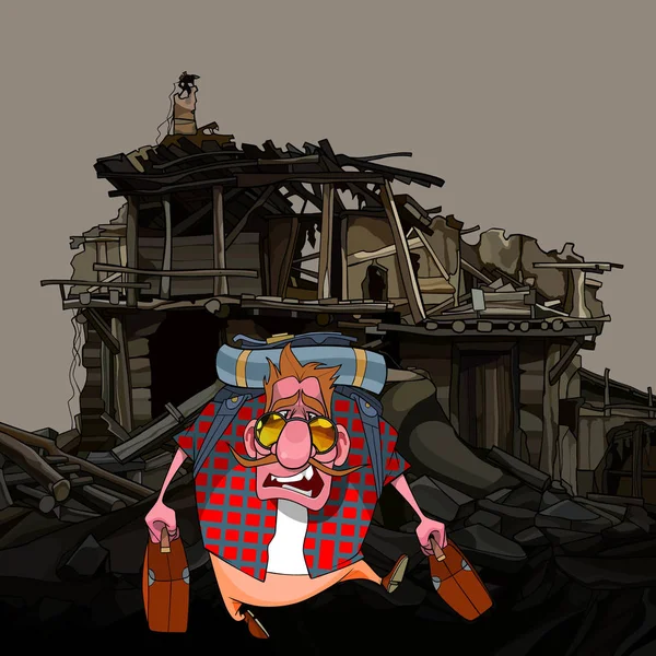Cartoon człowiek z walizkami spacery w ruinach — Wektor stockowy