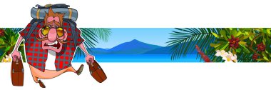 tropik bir denize karşı bavul ile karikatür turist