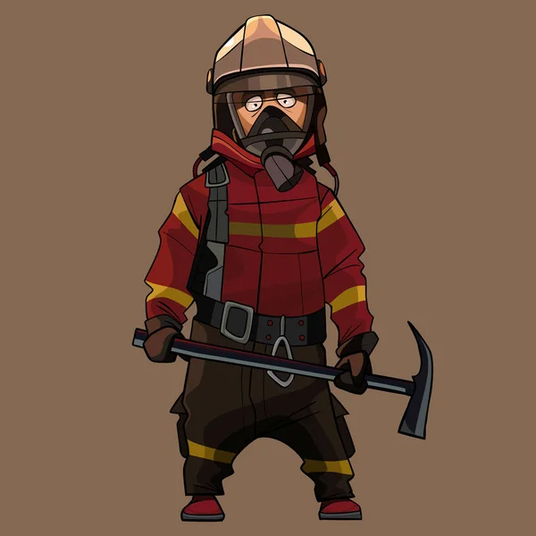 Мультяшний пожежник в уніформі з вибором в руках — стоковий вектор