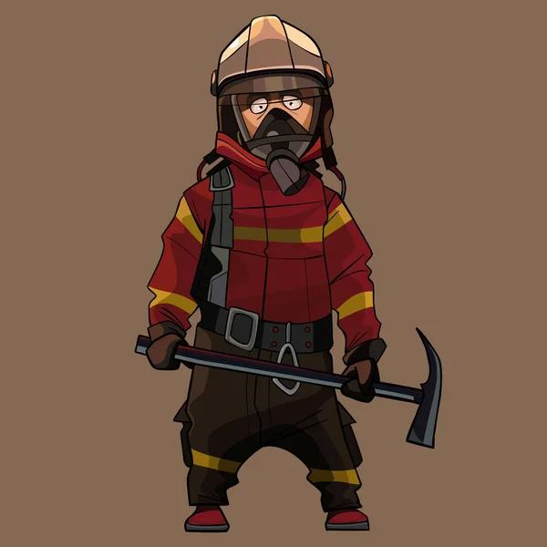 Bombero de dibujos animados en uniforme con pico en las manos — Vector de stock