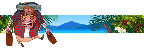 熱帯の海に対するスーツケースを持つ漫画の観光客 — ストックベクタ