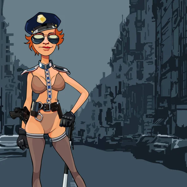 Fumetto donna in erotico agente di polizia vestito su sfondo della città — Vettoriale Stock
