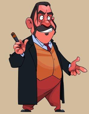 bir kravat ve elinde bir puro ile bir takım elbise karikatür adam