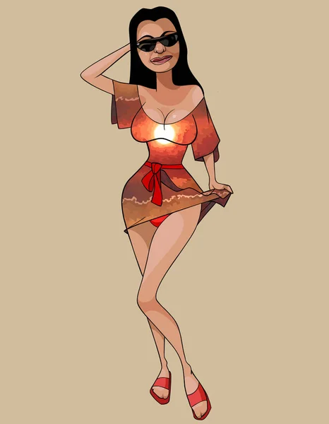 Cartoon vrouw in een jurk met een zonsondergang afbeelding — Stockvector
