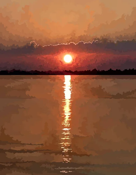 Landschaft rot Sonnenuntergang Sonne spiegelt sich im Fluss — Stockvektor