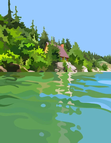 Летний пейзаж голубого озера с хижиной в лесу — стоковый вектор